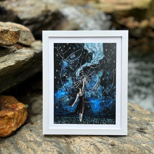 8x10 inch Framed Art Print -- Watercolor Stars, Night Sky Painting, Stargazing Painting, Deep Blue Watercolor