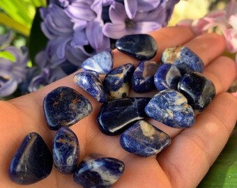 May include: A collection of tumbled blue sodalite stones with white and gold veining. The stones are smooth and polished, and they are arranged in a pile on a hand.