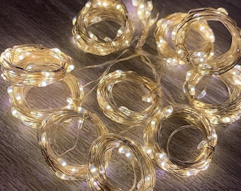 May include: A set of warm white LED fairy lights wrapped in gold wire. The lights are arranged in a circular pattern, creating a festive and decorative look.