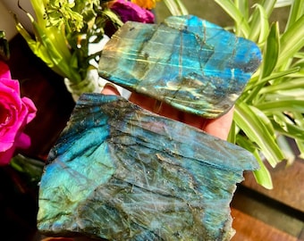 Labradorite Slab Coasters High Grade Crystal with Rainbow Flashes Gemstone Home Decor