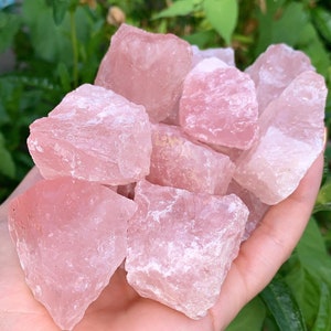 Peut inclure: Gros plan sur une poignée de cristaux de quartz rose bruts. Les cristaux sont d'un rose pâle et présentent une texture naturelle non polie. Fond vert flou.