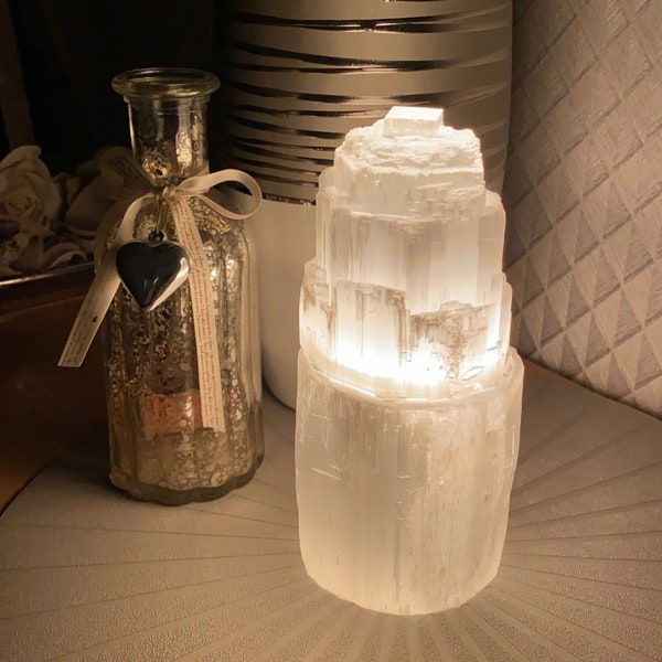 Selenite Tower Lamp Natural Crystals Spiritual Home Decoration Night Light Table Lamp For Sale Satin Spar Crystal Tower Lighting Decor Shop