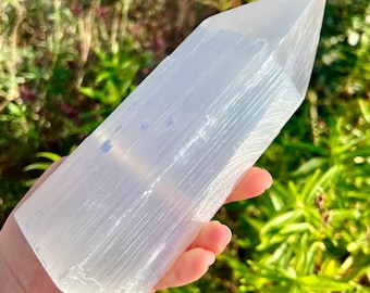 Könnte beinhalten: Ein großer, weißer Selenit-Kristallturm mit einer spitzen Spitze und einer glatten, gestreiften Oberfläche. Der Kristall wird in einer Hand gehalten, mit einem verschwommenen Hintergrund aus grünem Laub.