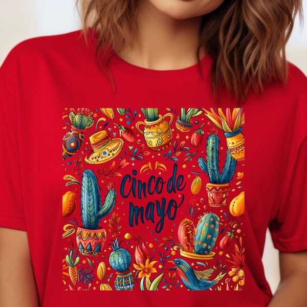 Fiesta Fun: Cinco de Mayo Shirt with Vibrant Birds, Cactus, Pepper Prints, Cinco de Mayo Celebration Shirt,  Festive Fiesta Wear