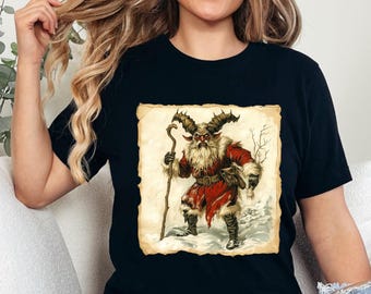 Vintage Krampus Unisex T-Shirt, Dark Christmas Holiday, Xmas Devil Creature, Skeletal Reindeer, Santa Skull, Merry Creepmas Xmas Tale
