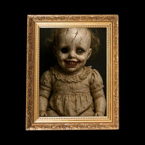 May include: A creepy doll portrait in a gold ornate frame. The doll has cracked skin, a sinister grin, and one eye missing. The doll is wearing a light-colored dress with a lace collar, set against a black background.