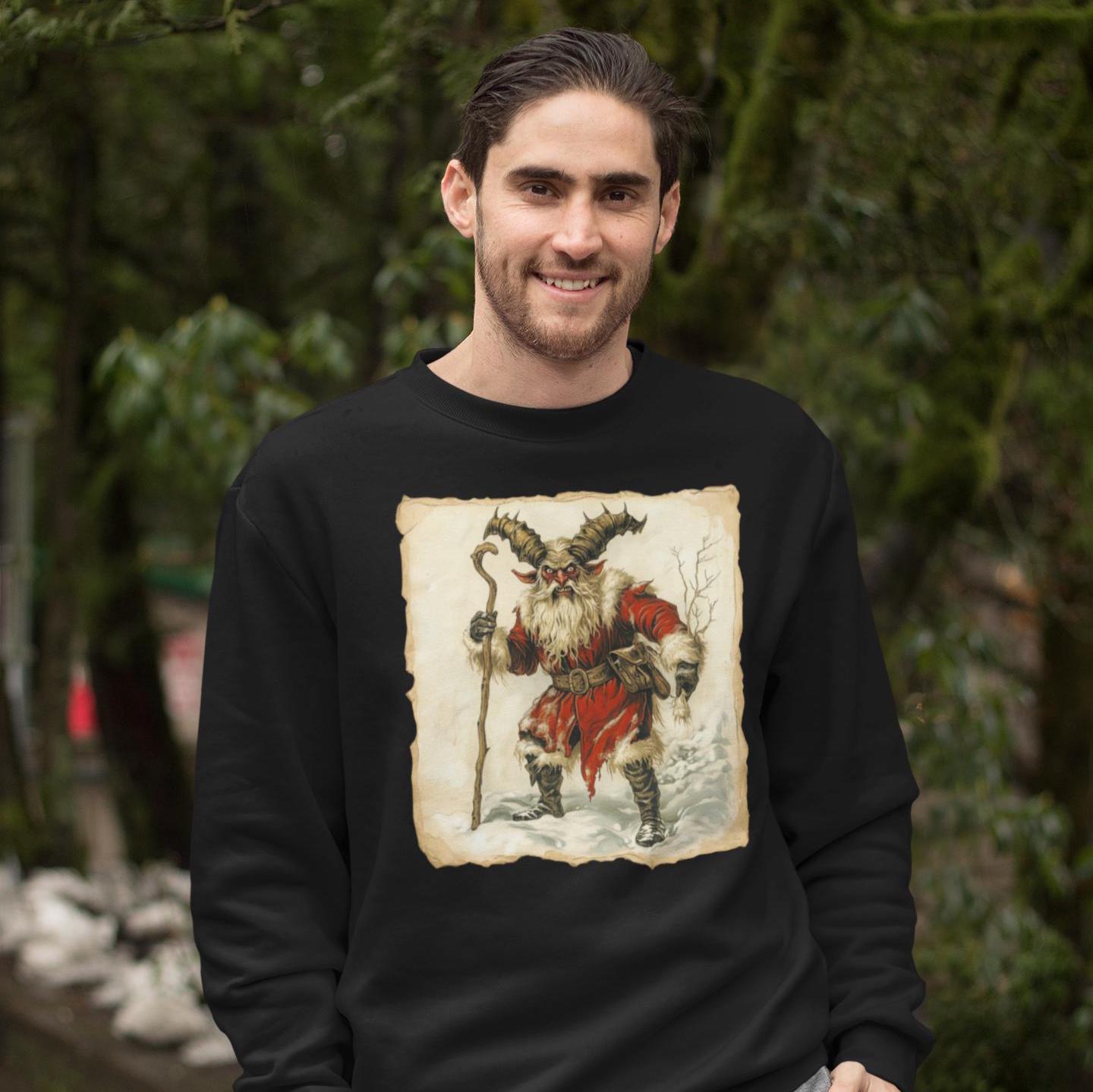Vintage Krampus Postcard Sweatshirt - Retro Style Holiday Design, Old-School Krampus Sweater - European-Inspired Retro Print