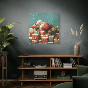 Sleepy Santa Claus Canvas Art, Cute Holiday Wall Decor, Festive Santa on Gifts Canvas, Adorable Christmas Wall Art for a Merry Home