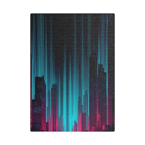 Neon Cityscape Satin Canvas Wall Art, Vibrant Urban Decor, Modern Aesthetic Artwork, Futuristic Room Decor, Unique Gift Idea