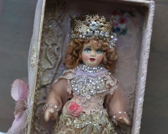 embellished bisque doll "Little princess" ornate home decor, art doll hand painted stitched details, antique vintage laces