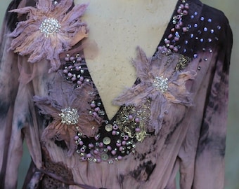 boho hand dyed tunic &quot;Frozen flowers&quot; plus size, embroidered beaded details, artsy  romantic, floaty dress