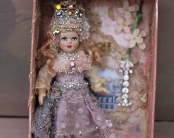 embellished bisque doll "Little princess" ornate home decor, art doll hand painted stitched details, antique vintage laces