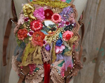 ornate boho romantic backpack &quot;Art Nouveau& Boho&quot; vintage reworked, hand dyed laces,  vintage textiles, antique trims, embroideredand beaded