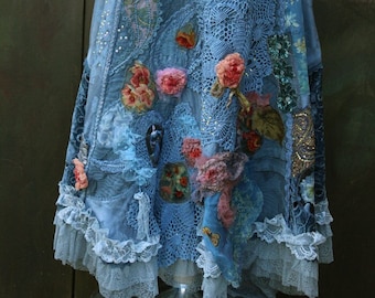 boho romantic skirt "Blues"  blue shades, with vintage laces, with silk roses gypsy hippy skirt, recycled textiles