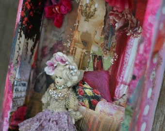 original art, shadow box assemblage collage 'Little boudoir" , 1880 bisque doll, assemblage, framed, baroque, hand painted