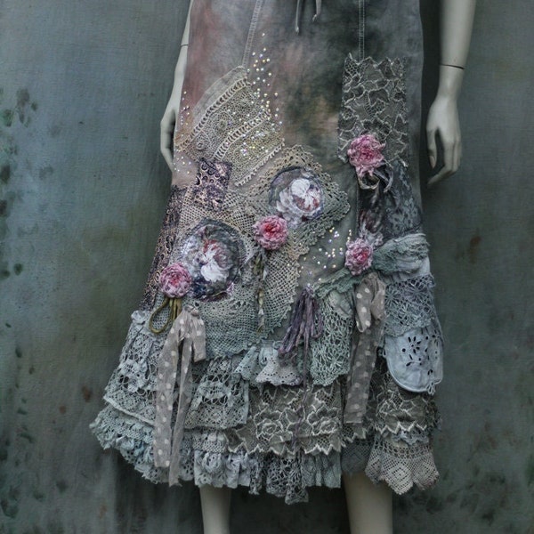 boho romantic skirt "Barocco"  antique gray shades, with layered vintage laces, with silk roses gypsy hippy skirt, recycled textiles