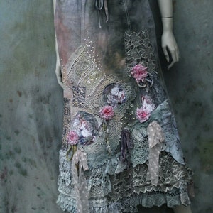 boho romantic skirt Barocco antique gray shades, with layered vintage laces, with silk roses gypsy hippy skirt, recycled textiles image 2