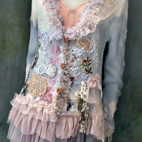 artsy boho jacket "Wintermood" romantic cotton knit jacket, vintage repurposed materials, gypsy  wearable art  altered couture, beads