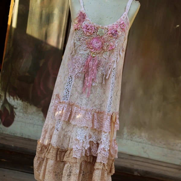 boho romantic cotton dress with vintage laces and embroidered details, "Boho princess" hippy gypsy romantic dress, sustainable materials