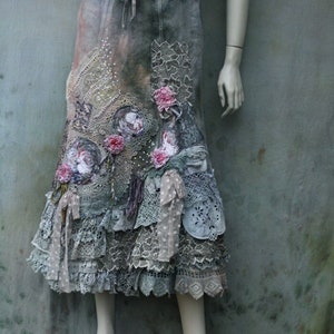 boho romantic skirt Barocco antique gray shades, with layered vintage laces, with silk roses gypsy hippy skirt, recycled textiles image 3