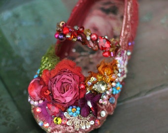 decorative embellished painted  baby shoe with hand sculpted silk florals and crystals
