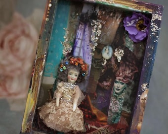 original art, shadow box assemblage collage 'Little boudoir" , 1880 bisque doll, assemblage, framed, baroque, hand painted