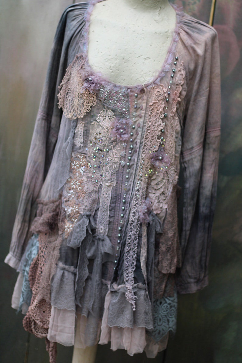 Boho Romantic Tunic/blouse misty Gray L Size, With Vintage Laces and ...