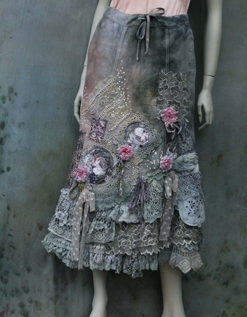 boho romantic skirt Barocco antique gray shades, with layered vintage laces, with silk roses gypsy hippy skirt, recycled textiles image 1