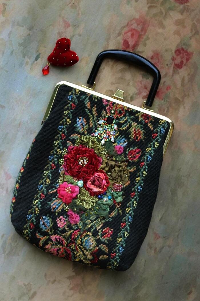 boho romantic bag/purse "Victorian roses"  vintage tapestry bag, embroidered beaded, boho hippy gypsy purse, reused textiles