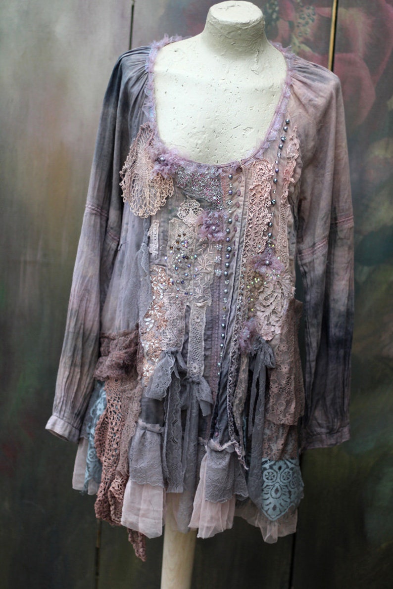 Vintage Green Embroidered Blouse, Hippie Boho Tunic Top M