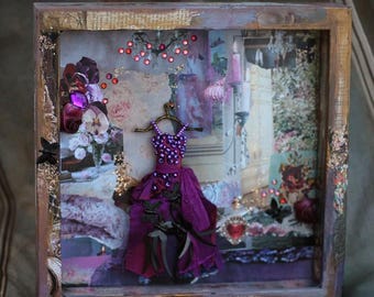 collage shadow box, assemblage art  'Purple dress" original art,  room box, interior fantasy, hand painted