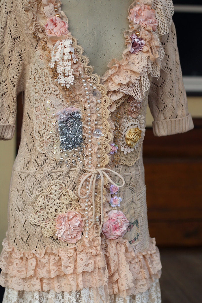 artsy boho knit jacket "Cream& roses" romantic hippy jacket, vintage repurposed materials, gypsy  wearable art  altered couture, beaded