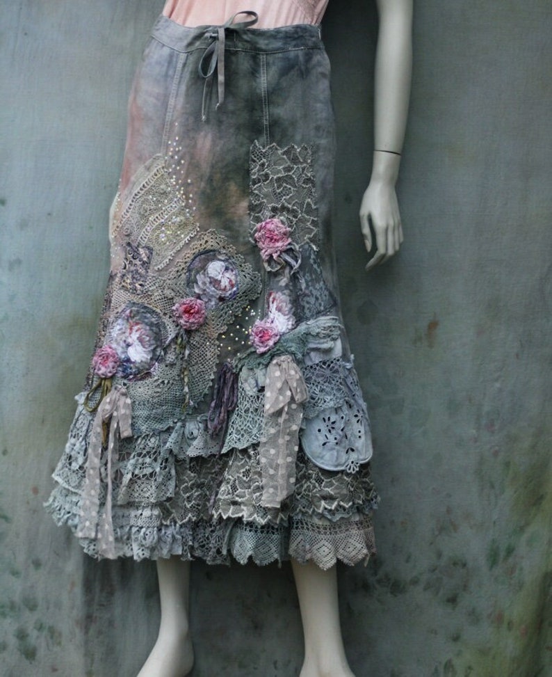 boho romantic skirt Barocco antique gray shades, with layered vintage laces, with silk roses gypsy hippy skirt, recycled textiles image 3