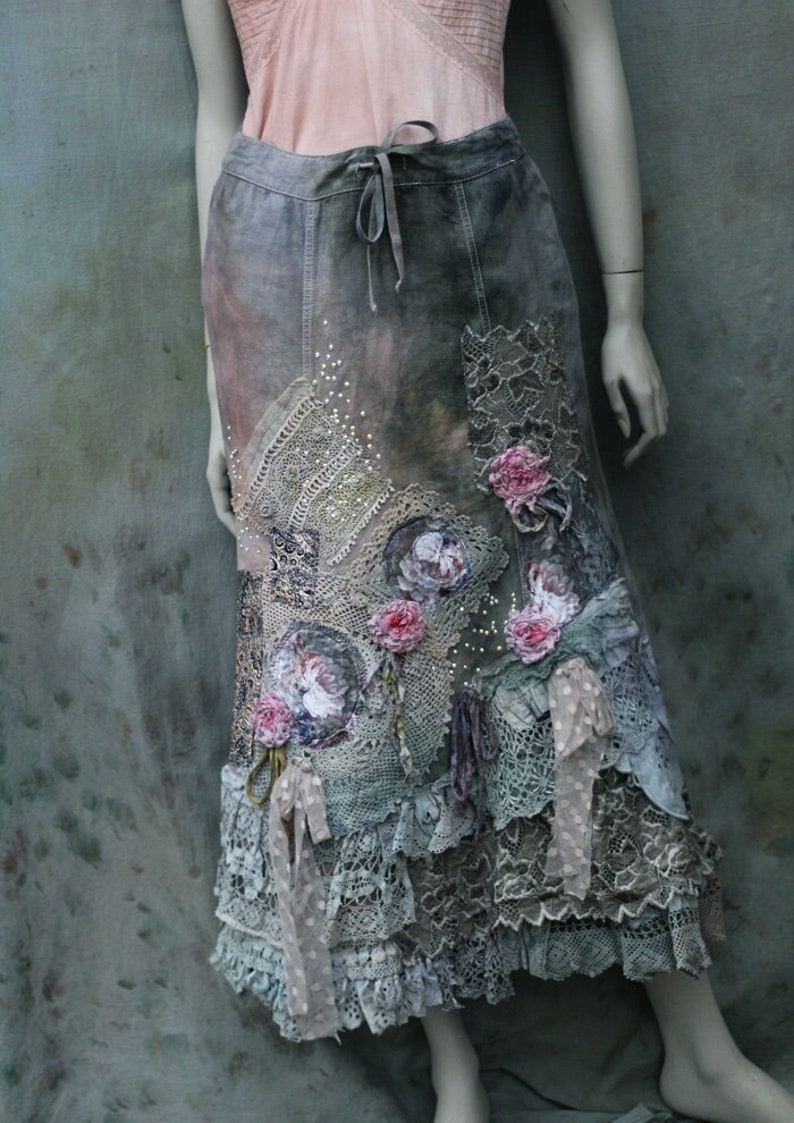 boho romantic skirt Barocco antique gray shades, with layered vintage laces, with silk roses gypsy hippy skirt, recycled textiles image 2