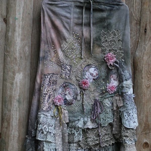 boho romantic skirt Barocco antique gray shades, with layered vintage laces, with silk roses gypsy hippy skirt, recycled textiles image 7
