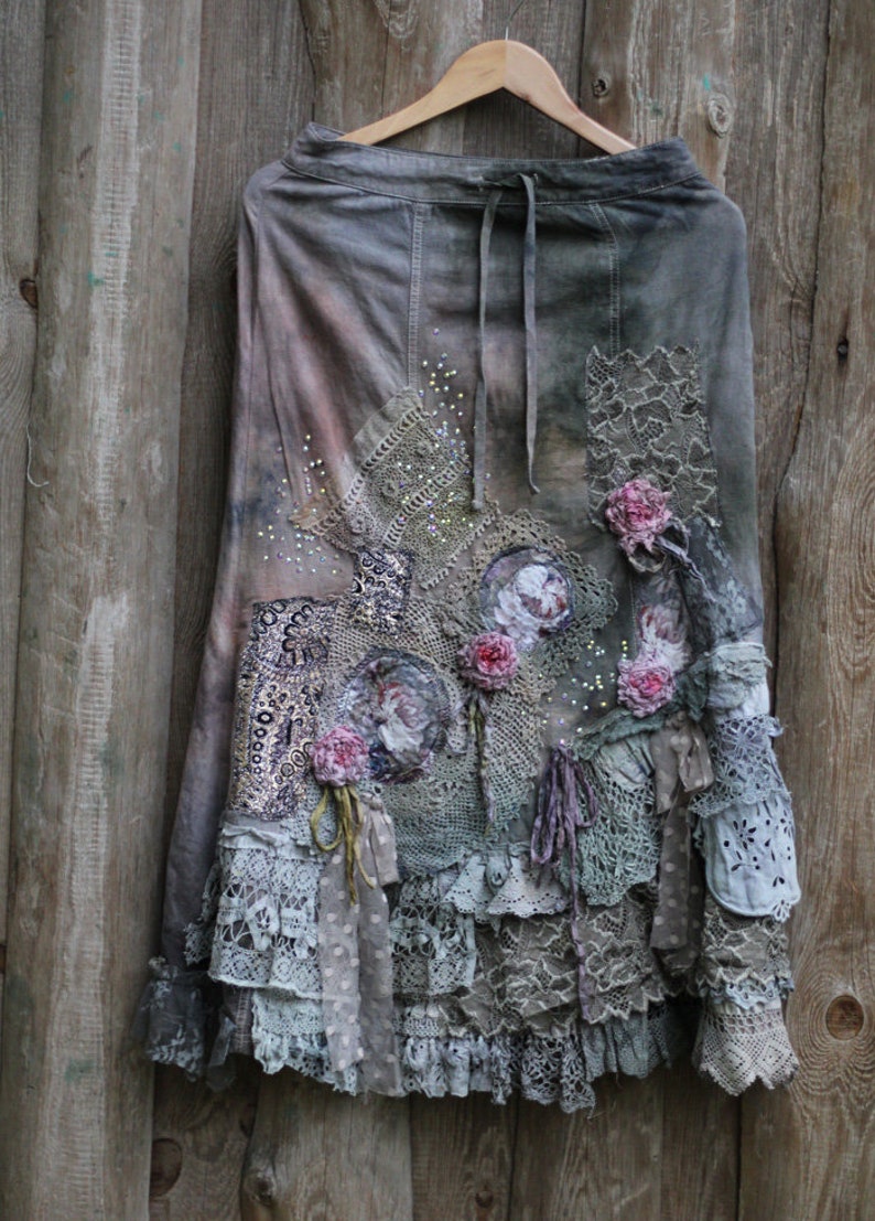 boho romantic skirt Barocco antique gray shades, with layered vintage laces, with silk roses gypsy hippy skirt, recycled textiles image 7