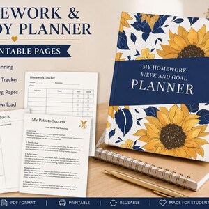 Könnte beinhalten: Ein Hausaufgaben- und Lernplaner mit 69 druckbaren Seiten, mit Sonnenblumenmuster auf weißem und marineblauem Einband. Der Text lautet My Homework Week and Goal Planner. Enthält Wochenplaner, Hausaufgaben-Tracker und Zielsetzungsseiten.