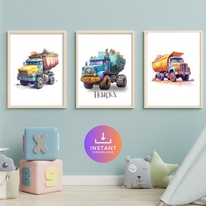 Printable Wall Art | Trucks | Kids Room | Nursery | Wall Decor | Watercolor Trucks | Digital Download | Trucks Set 3