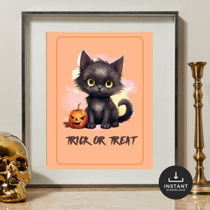 Cute Halloween Black Kitten Print | Adorable Big Eyes | Watercolor Digital Download | Halloween Decor | Halloween Art