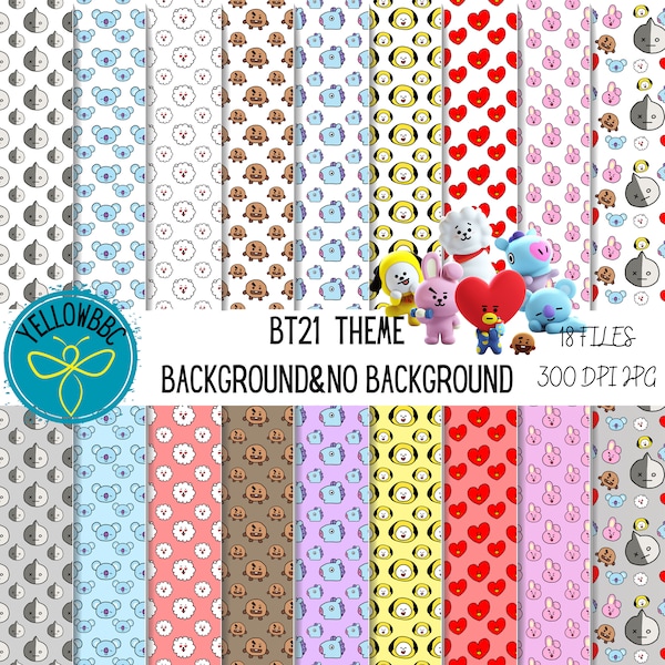 BT21 Theme Digital Paper, Scrapbook Paper, BTS Seamless Patterns, BT21 Digital Background