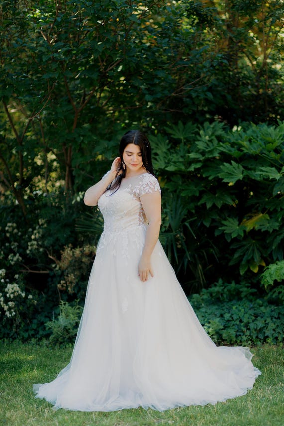 Sonia, Blush A-Line Wedding Dress with Illusion Neckline & Open Back. Try before Buy. Rental available.