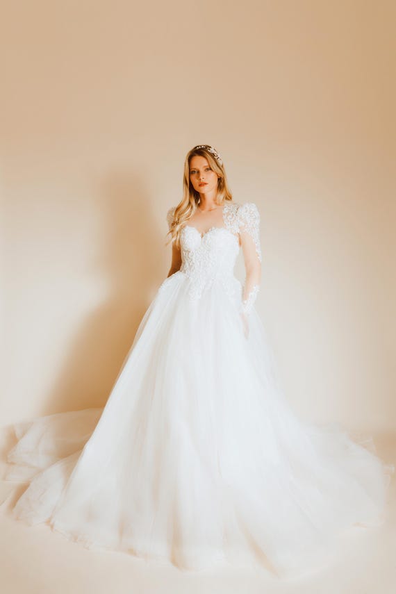Florence, Lace Applique Ballgown, Illusion Neckline Long Sleeve Tulle Wedding Dress