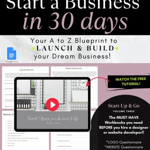 Może przedstawiać: Grafika promocyjna z tekstem „Jak założyć firmę w 30 dni”. Zawiera tablet wyświetlający film i listę zeszytów ćwiczeń do kwestionariuszy logo i stron internetowych. Grafika promuje darmowy samouczek.