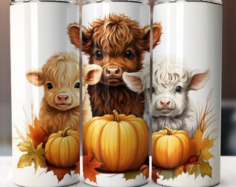 Paquete de vasos Baby Highland Cow (4), envoltura de vaso de otoño de 20 oz, descarga digital PNG, diseño de sublimación de Halloween