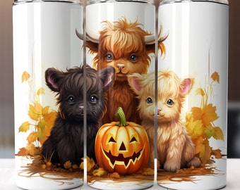 Paquete de vasos Baby Highland Cow (4), envoltura de vaso de otoño de 20 oz, descarga digital PNG, diseño de sublimación de Halloween