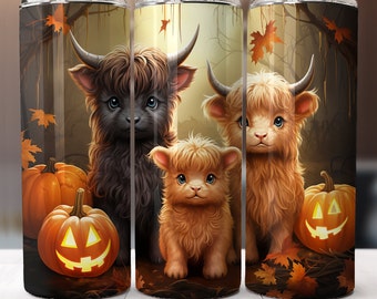 Paquete de vasos Baby Highland Cow (4), envoltura de vaso de 20 oz de Halloween, descarga digital PNG, diseño de sublimación espeluznante