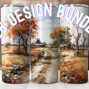 Puede incluir: Un conjunto de tres vasos de acero inoxidable de 20 onzas con un diseño de acuarela de un camino de campo, una granja y árboles en colores otoñales. Los vasos son parte de un paquete de 28 diseños.