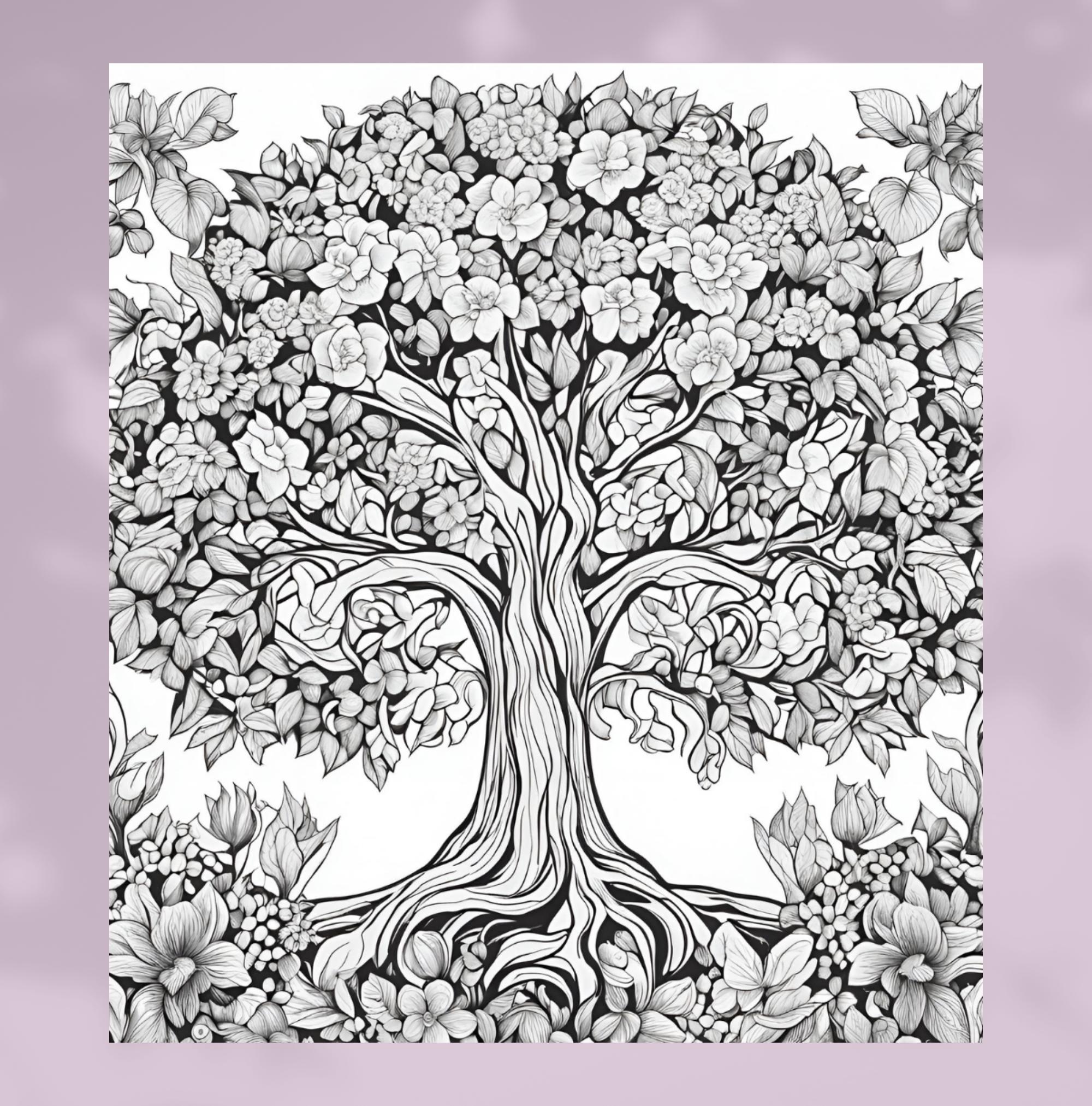 6 Floral Tree Coloring Pages for Adults and Kids Nature Coloring Book ...
