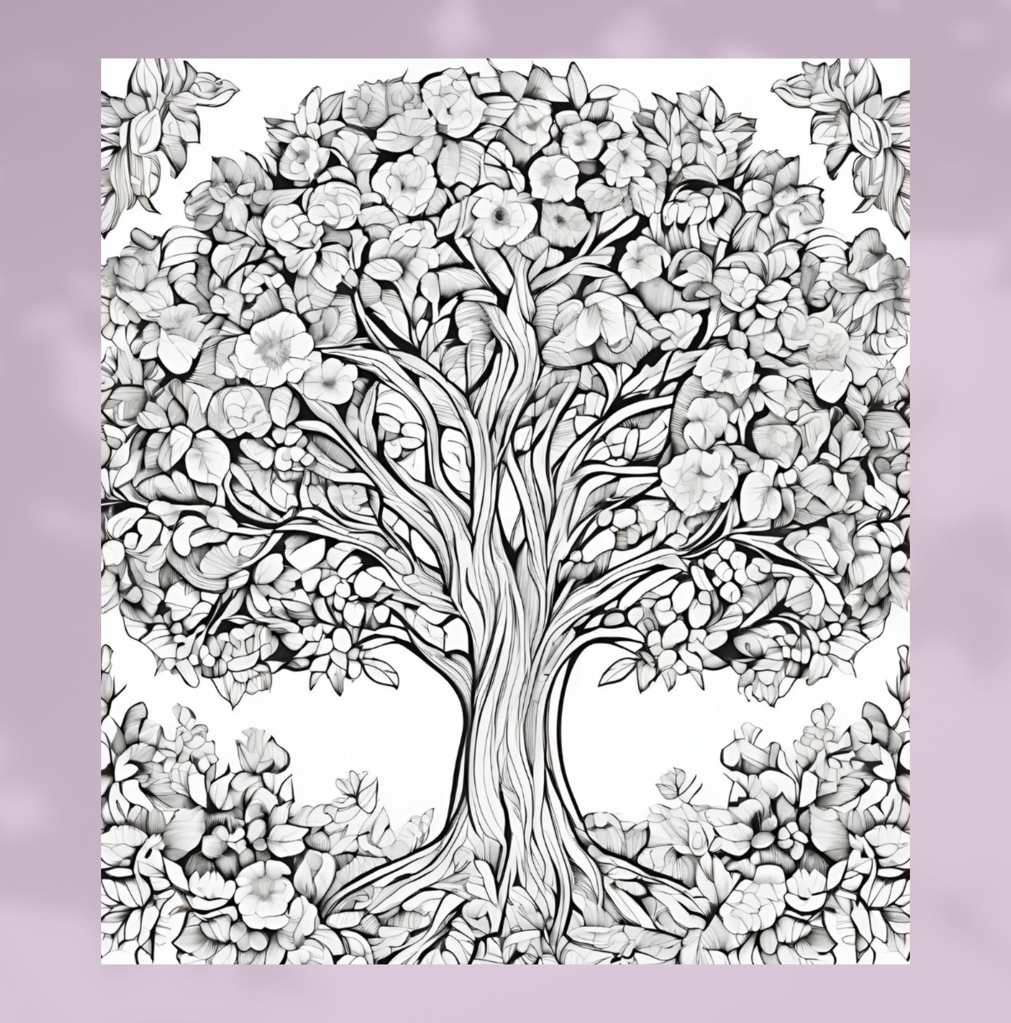 6 Floral Tree Coloring Pages for Adults and Kids Nature Coloring Book ...