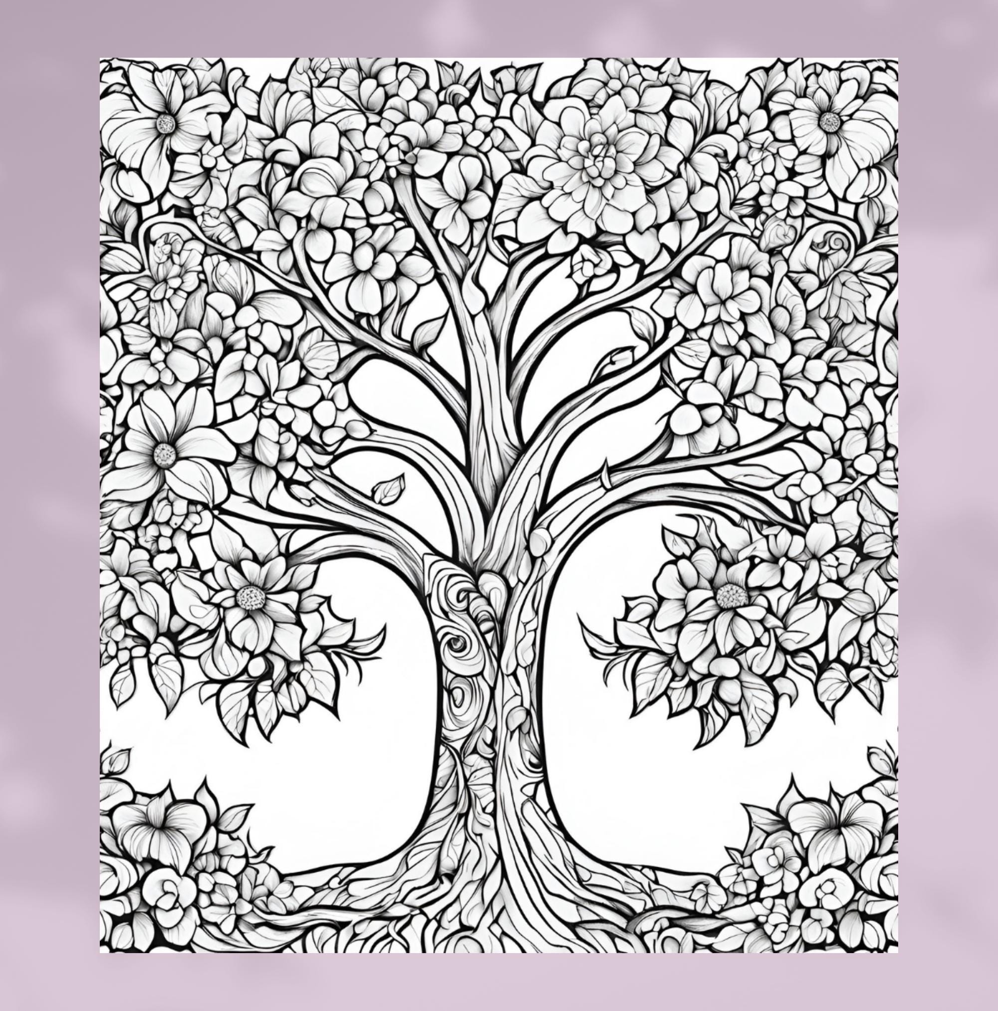 6 Floral Tree Coloring Pages for Adults and Kids Nature Coloring Book ...
